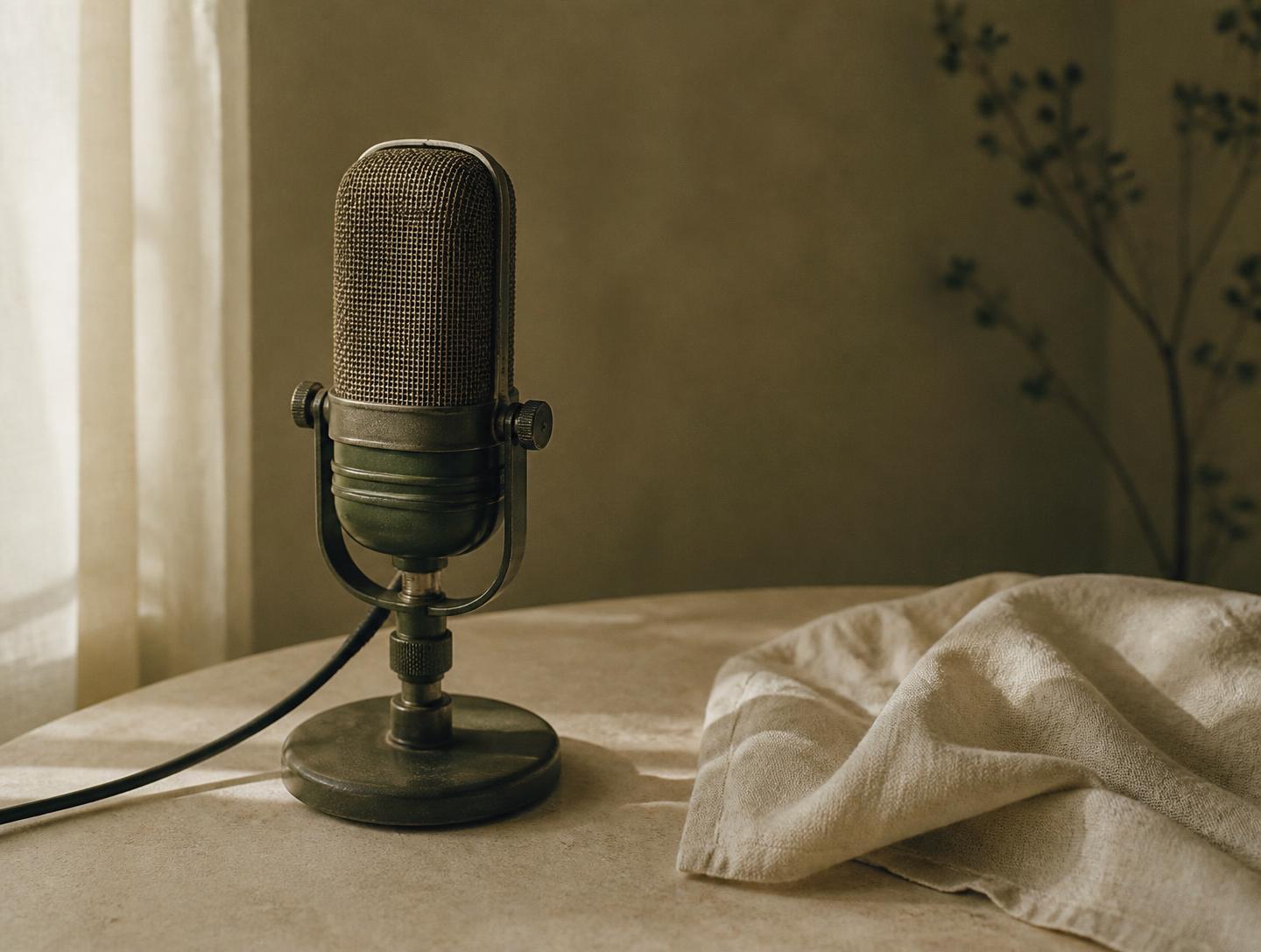 A vintage studio microphone on a linen-covered table in soft window light